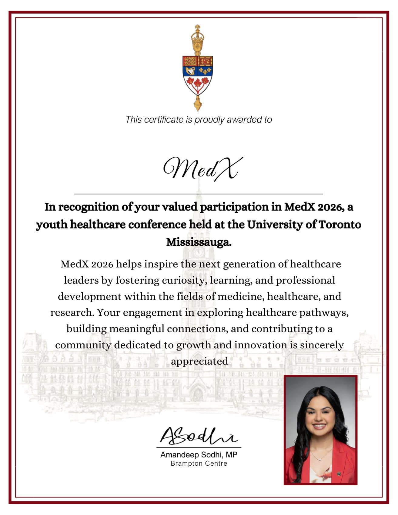 Certificate of recognition from Amandeep Sodhi, Member of Parliament — Dr. Interested MedExplore 2026 Conference (MedX 2026), August 16, 2026