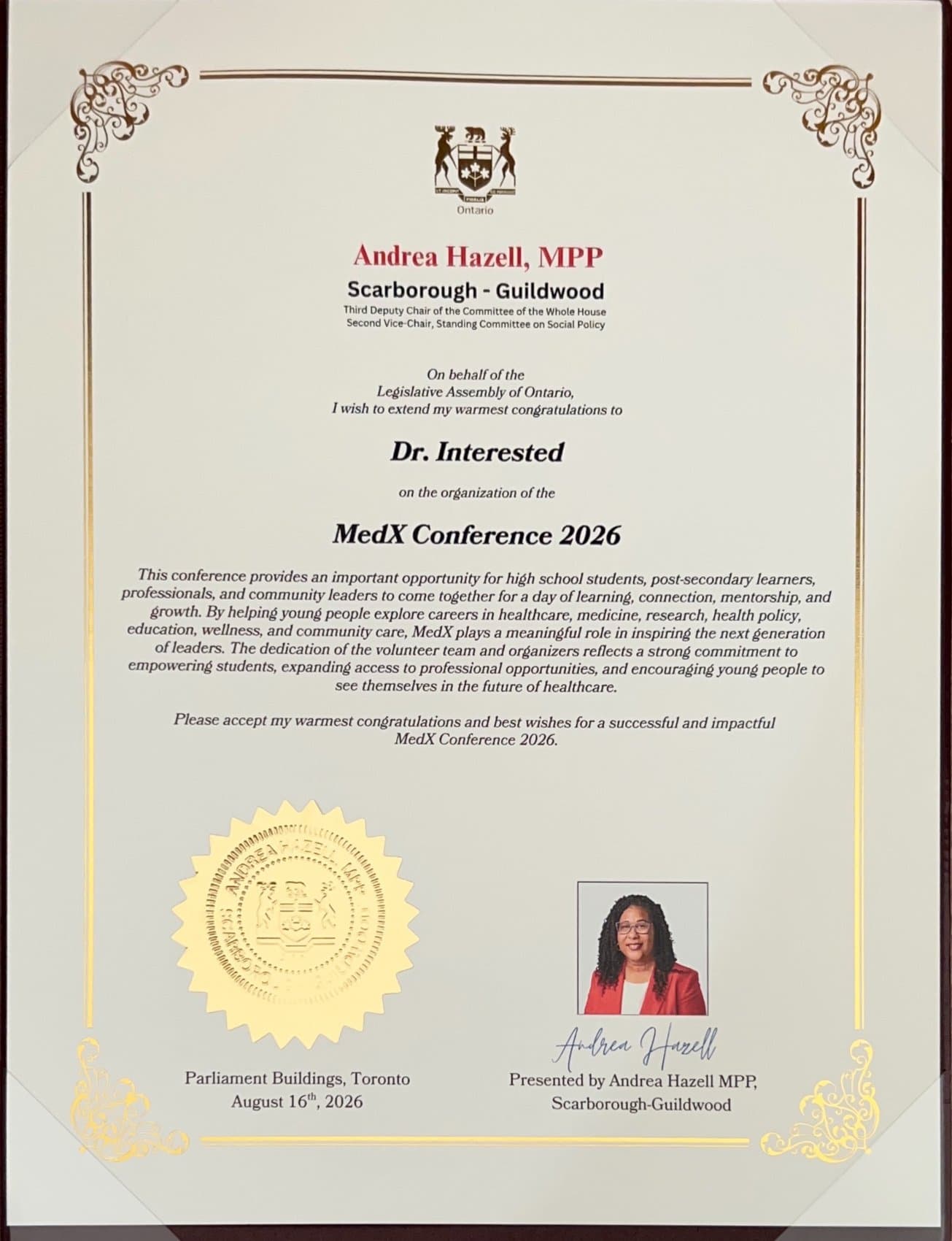 Certificate of recognition from Andrea Hazell, MPP, Scarborough-Guildwood — Dr. Interested MedExplore 2026 Conference (MedX 2026), August 16, 2026