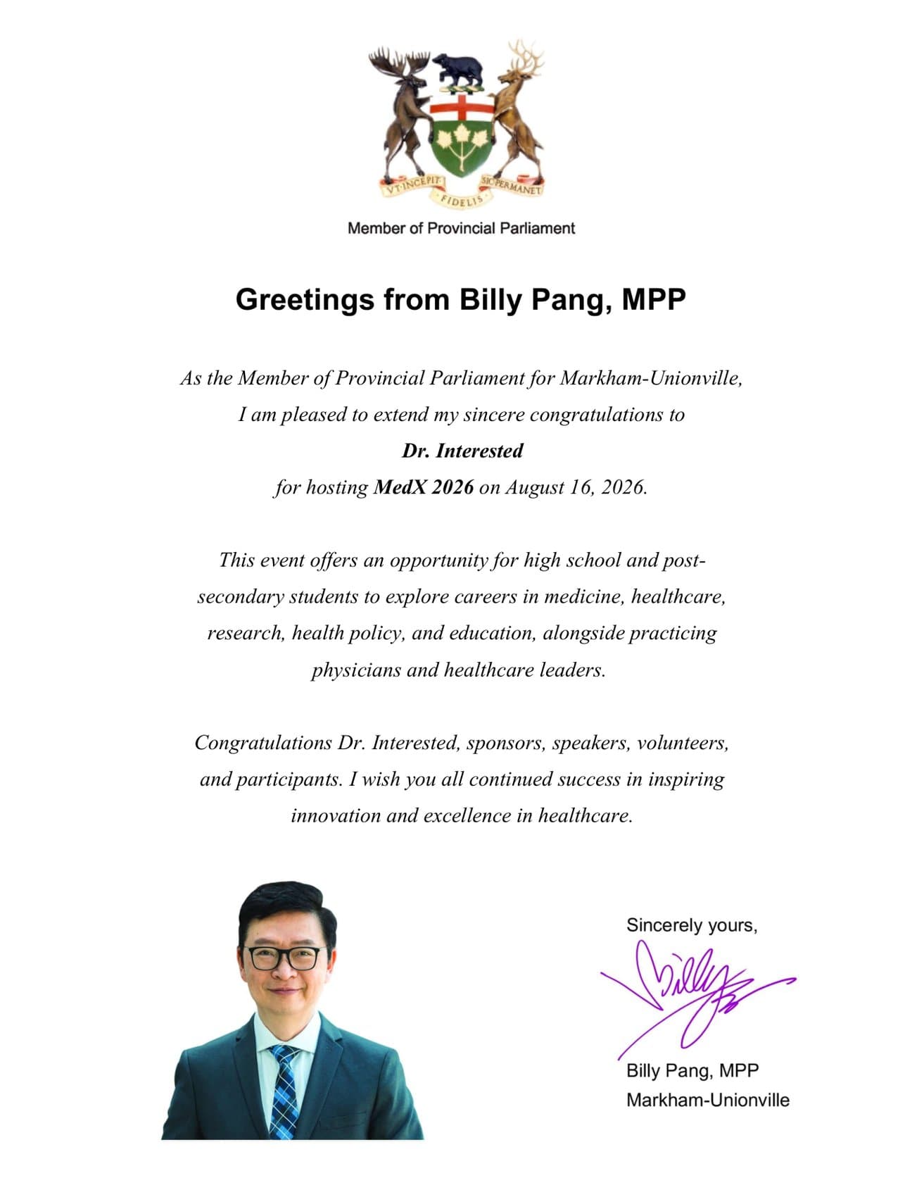 Certificate of recognition from Billy Pang, MPP, Markham-Unionville — Dr. Interested MedExplore 2026 Conference (MedX 2026), August 16, 2026