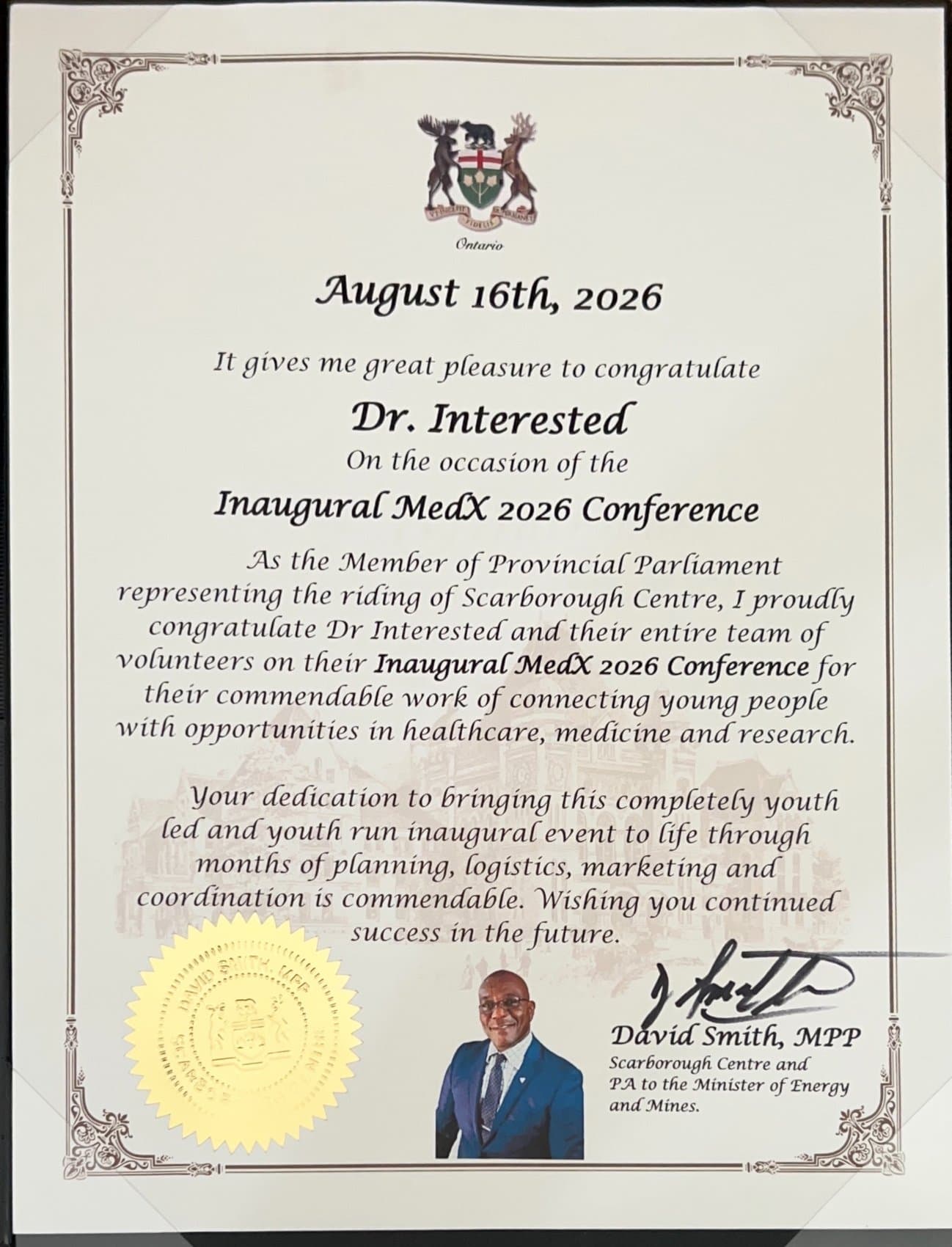 Certificate of recognition from David Smith, MPP — Dr. Interested MedExplore 2026 Conference (MedX 2026), August 16, 2026