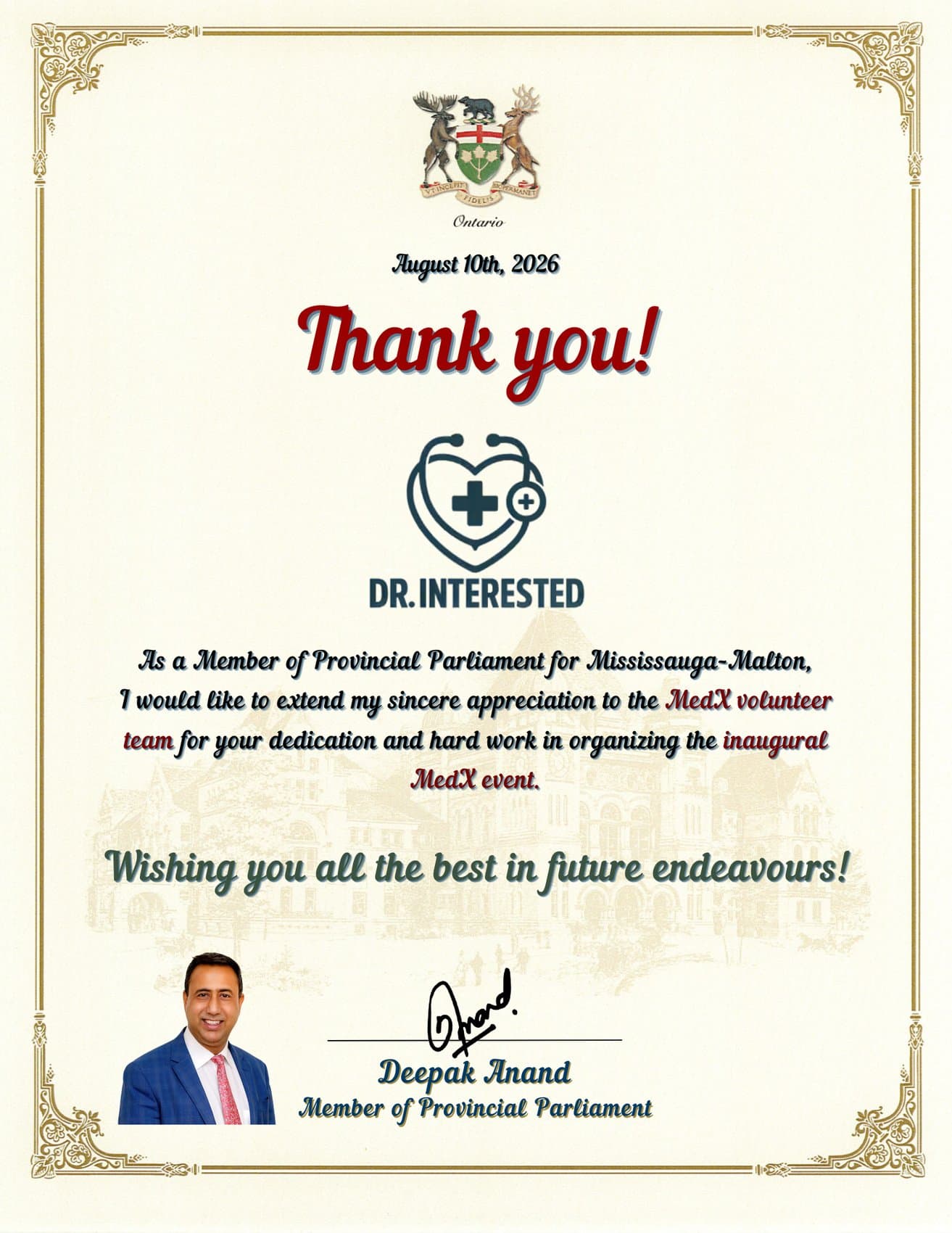 Certificate of recognition from Deepak Anand, MPP, Mississauga-Malton — Dr. Interested MedExplore 2026 Conference (MedX 2026), August 16, 2026