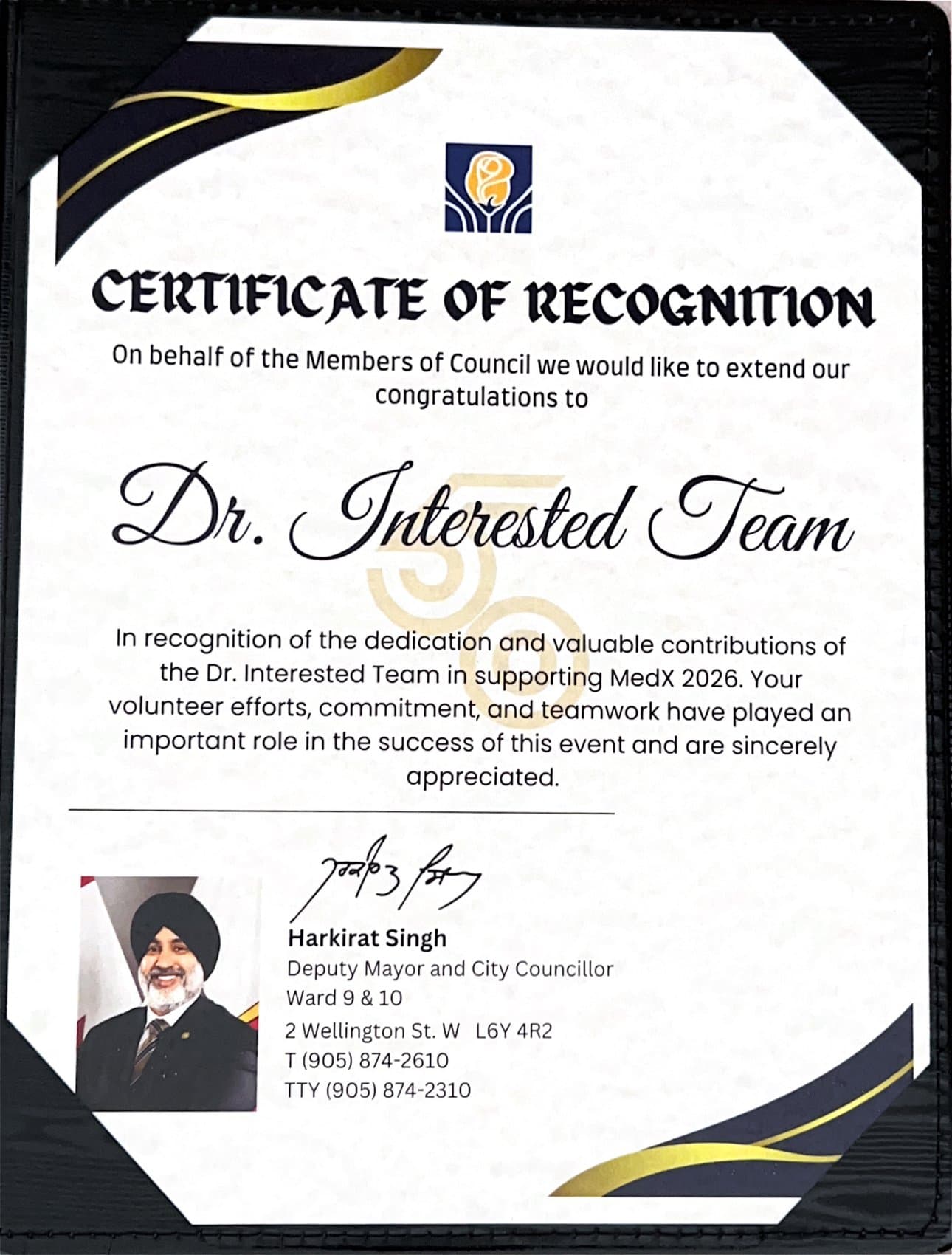 Certificate of recognition from Harkirat Singh, Deputy Mayor, City of Brampton — Dr. Interested MedExplore 2026 Conference (MedX 2026), August 16, 2026