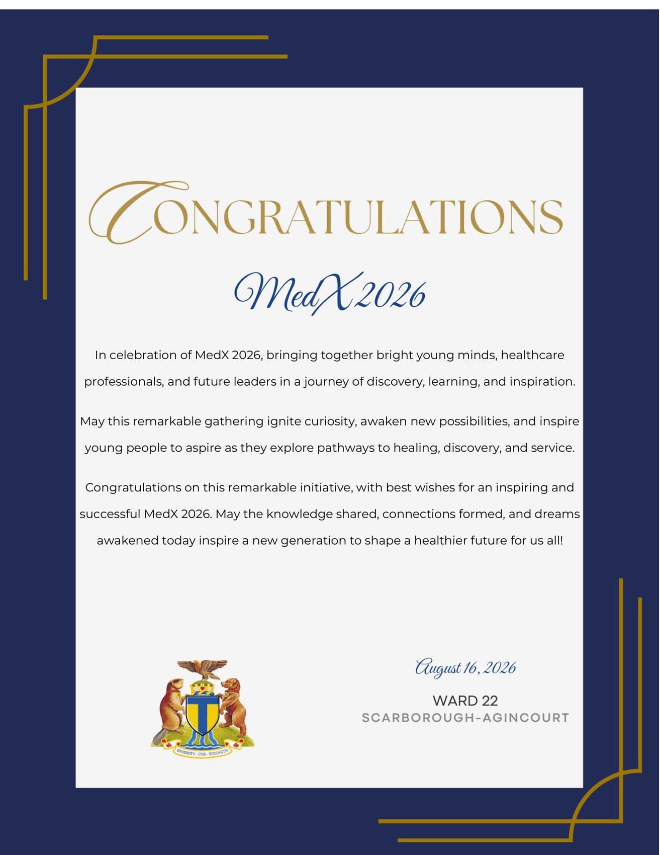 Certificate of recognition from Nick Mantas, Councillor, City of Toronto — Dr. Interested MedExplore 2026 Conference (MedX 2026), August 16, 2026