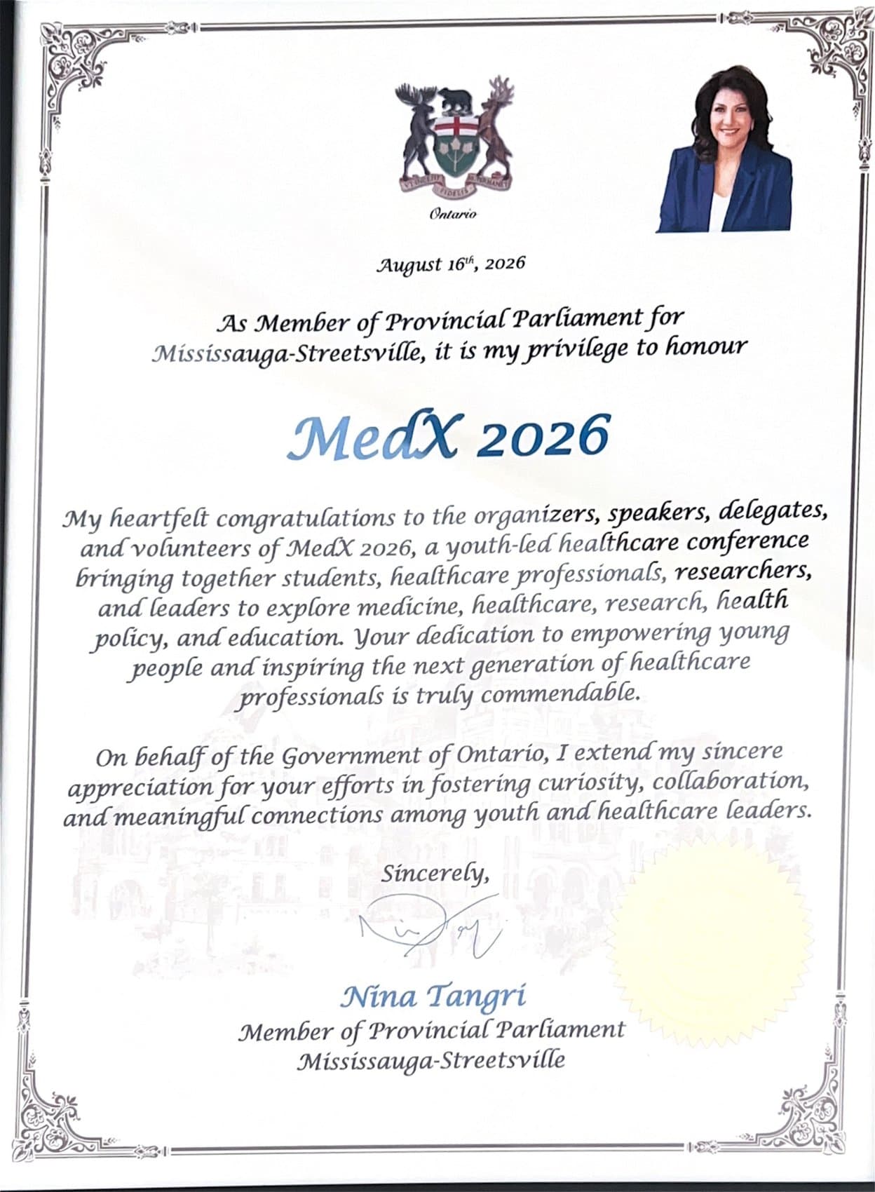 Certificate of recognition from Nina Tangri, MPP, Mississauga-Streetsville — Dr. Interested MedExplore 2026 Conference (MedX 2026), August 16, 2026