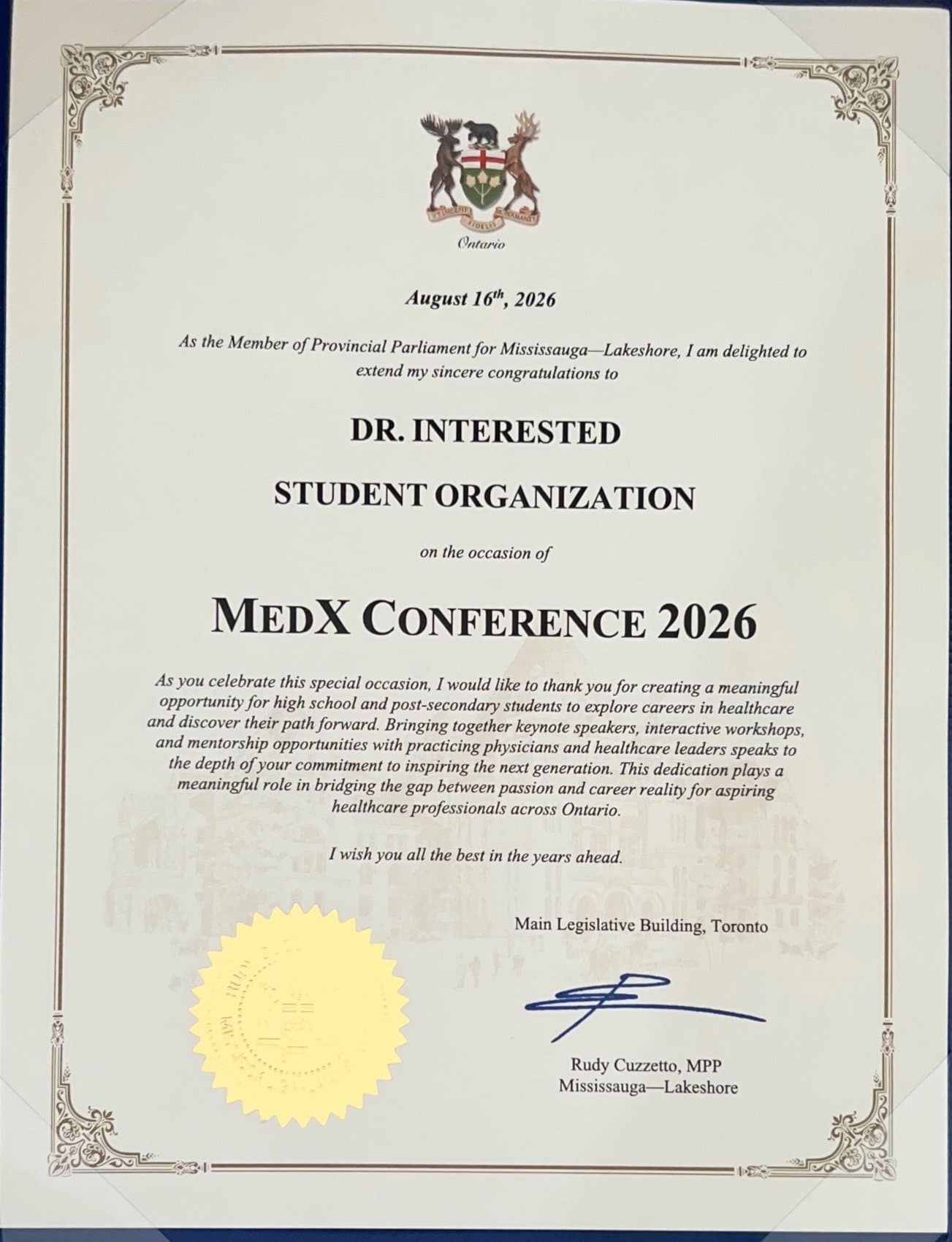 Certificate of recognition from Rudy Cuzzetto, MPP, Mississauga-Lakeshore — Dr. Interested MedExplore 2026 Conference (MedX 2026), August 16, 2026