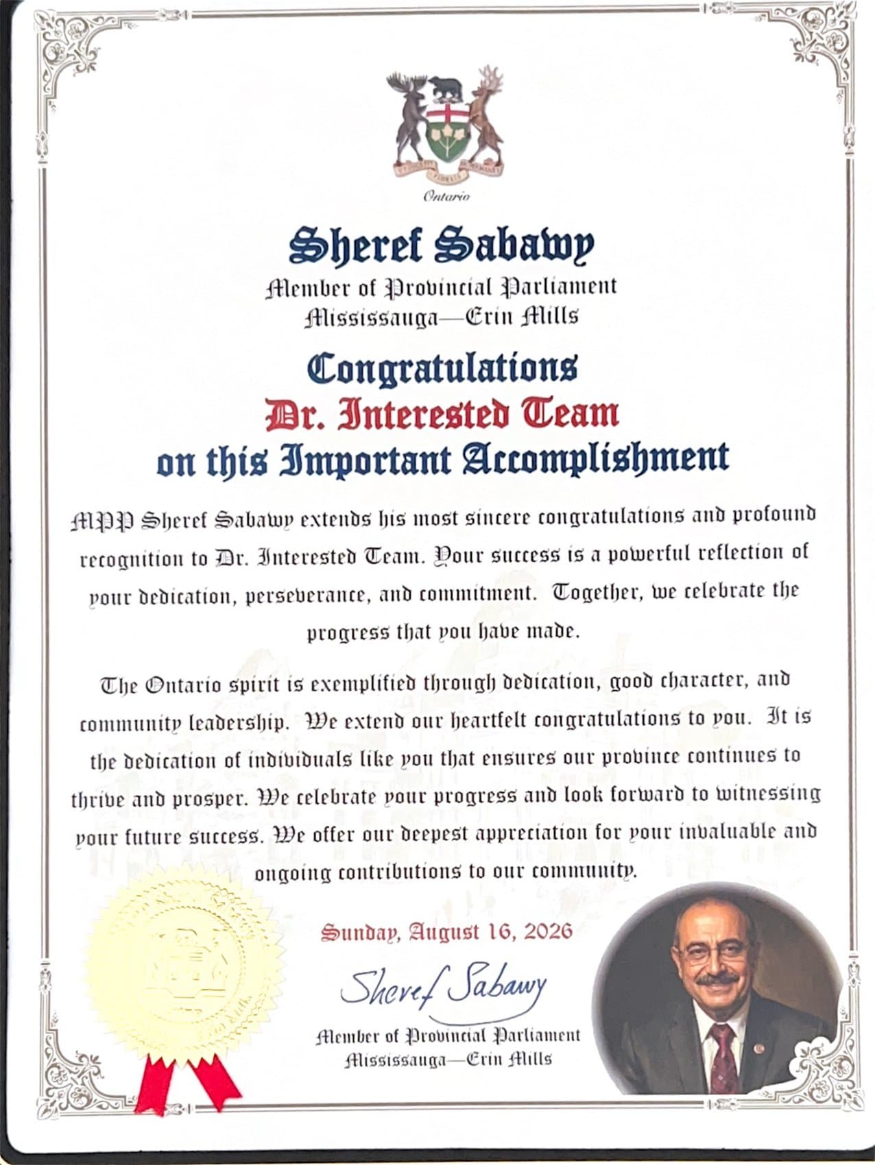 Certificate of recognition from Sheref Sabawy, MPP, Mississauga-Erin Mills — Dr. Interested MedExplore 2026 Conference (MedX 2026), August 16, 2026