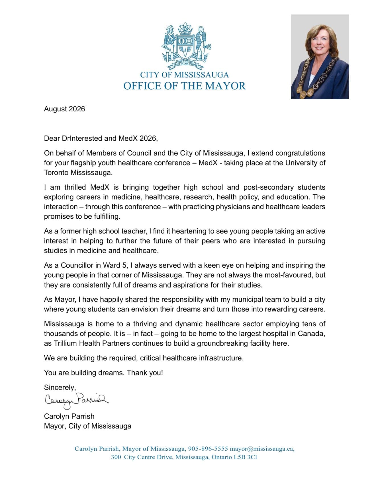 Letter of support from Carolyn Parrish, Mayor, City of Mississauga — Dr. Interested MedExplore 2026 Conference (MedX 2026), August 16, 2026
