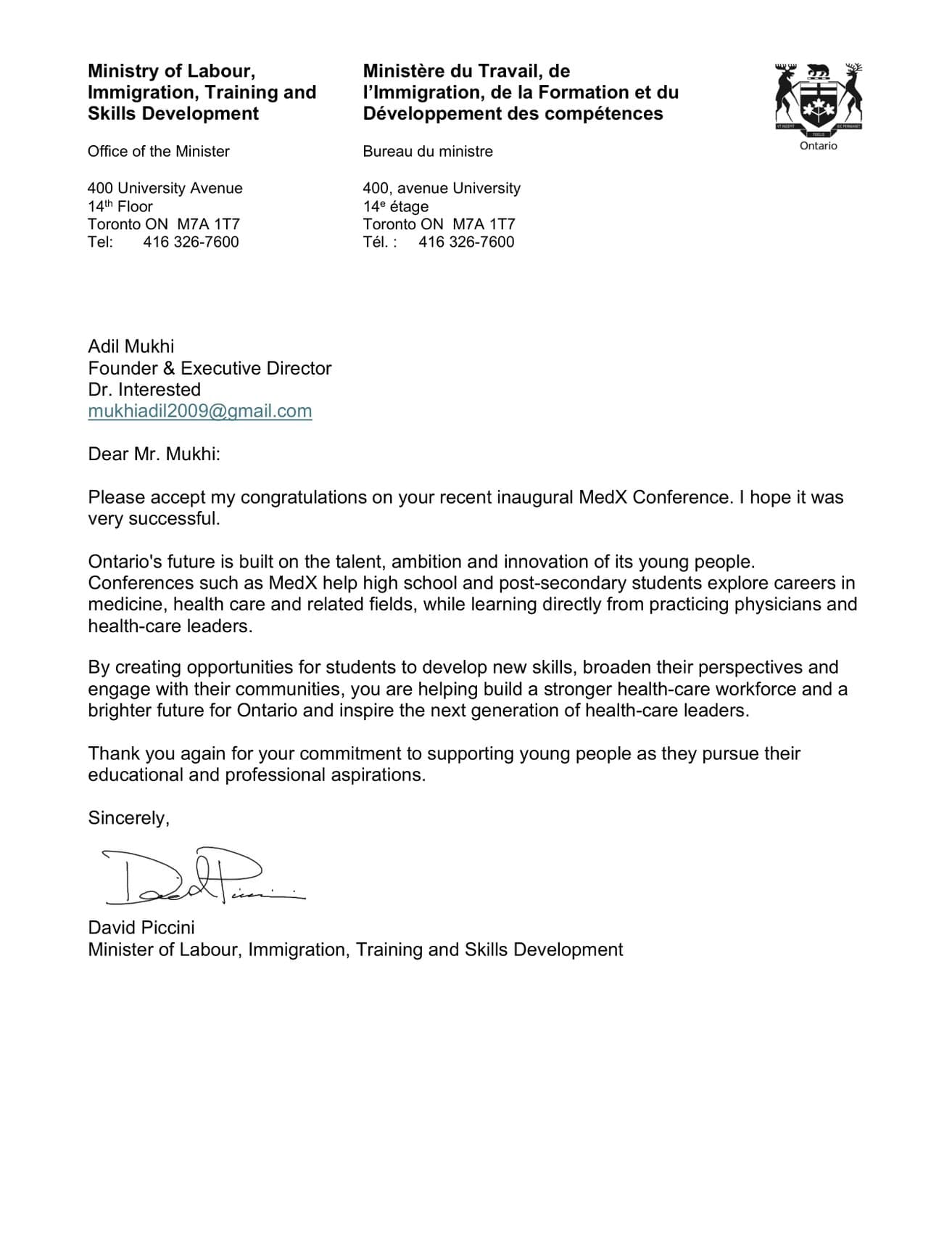 Letter of support from Hon. David Piccini, MPP — Dr. Interested MedExplore 2026 Conference (MedX 2026), August 16, 2026