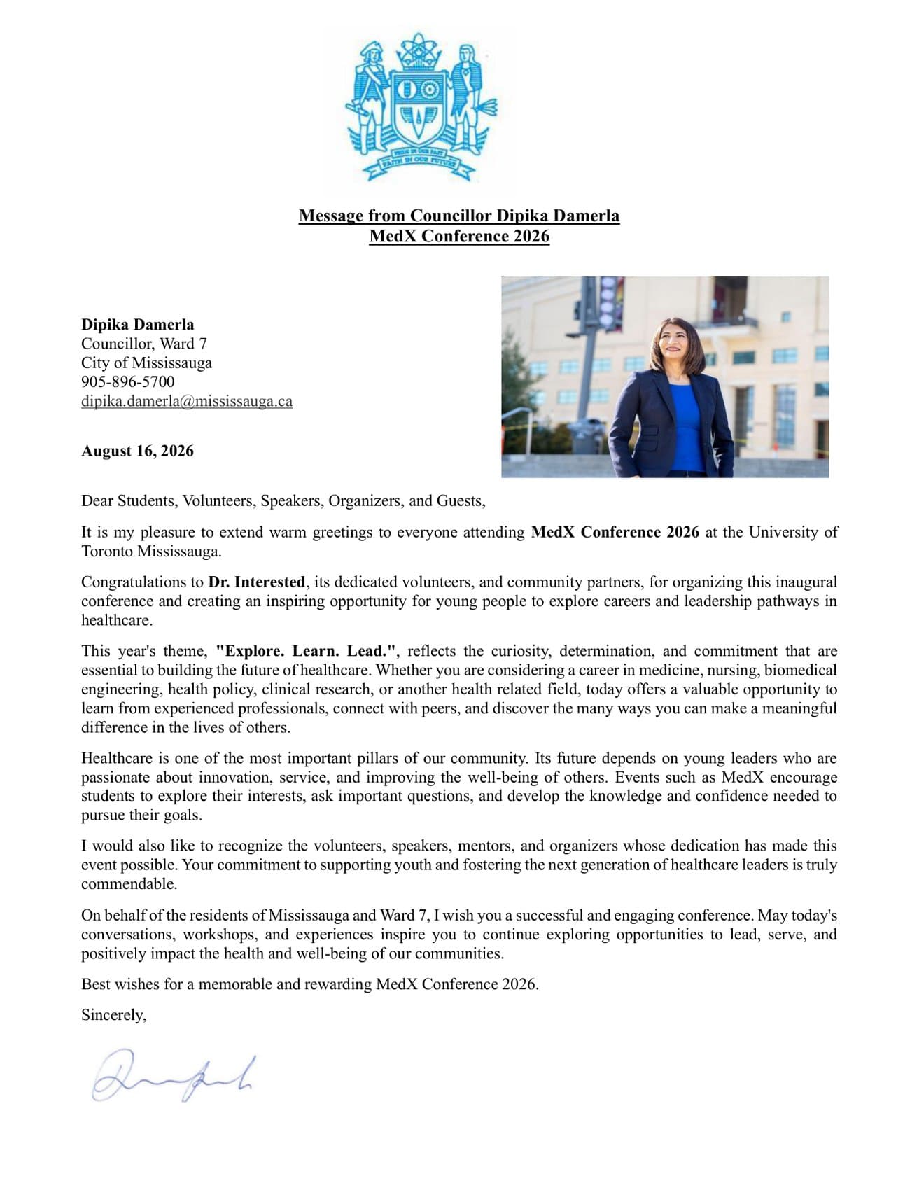 Letter of support from Dipika Damerla, Councillor, City of Mississauga — Dr. Interested MedExplore 2026 Conference (MedX 2026), August 16, 2026