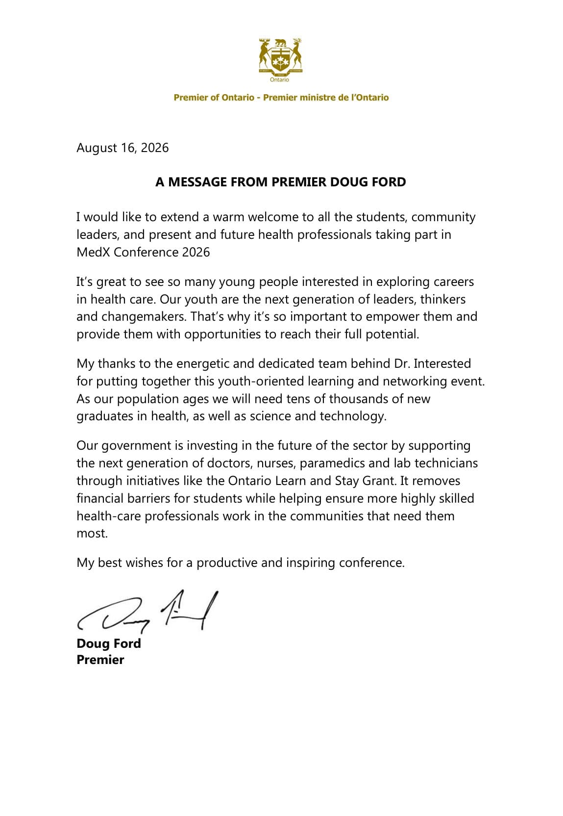 Letter of support from Doug Ford, Premier of Ontario — Dr. Interested MedExplore 2026 Conference (MedX 2026), August 16, 2026