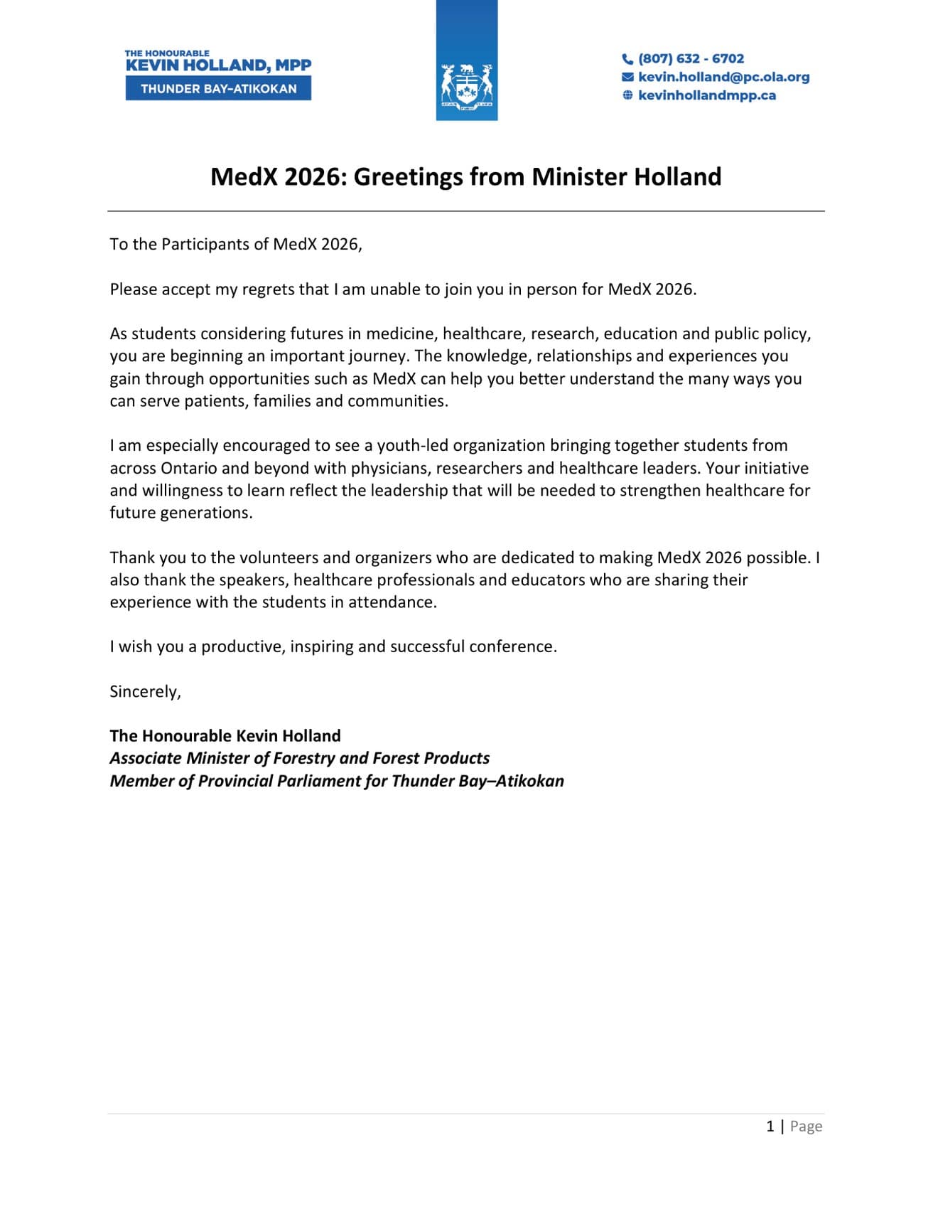 Letter of support from Hon. Kevin Holland, Associate Minister of Forestry and Forest Products; MPP, Thunder Bay-Atikokan — Dr. Interested MedExplore 2026 Conference (MedX 2026), August 16, 2026