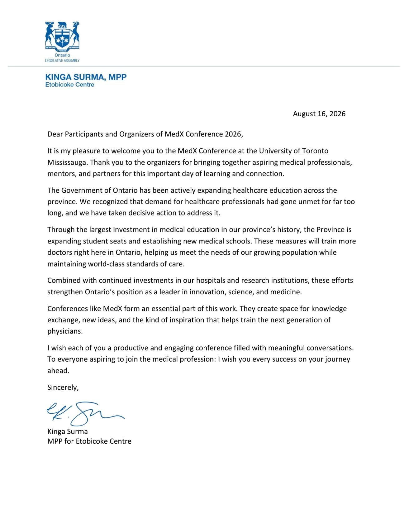 Letter of support from Kinga Surma, MPP, Etobicoke Centre — Dr. Interested MedExplore 2026 Conference (MedX 2026), August 16, 2026