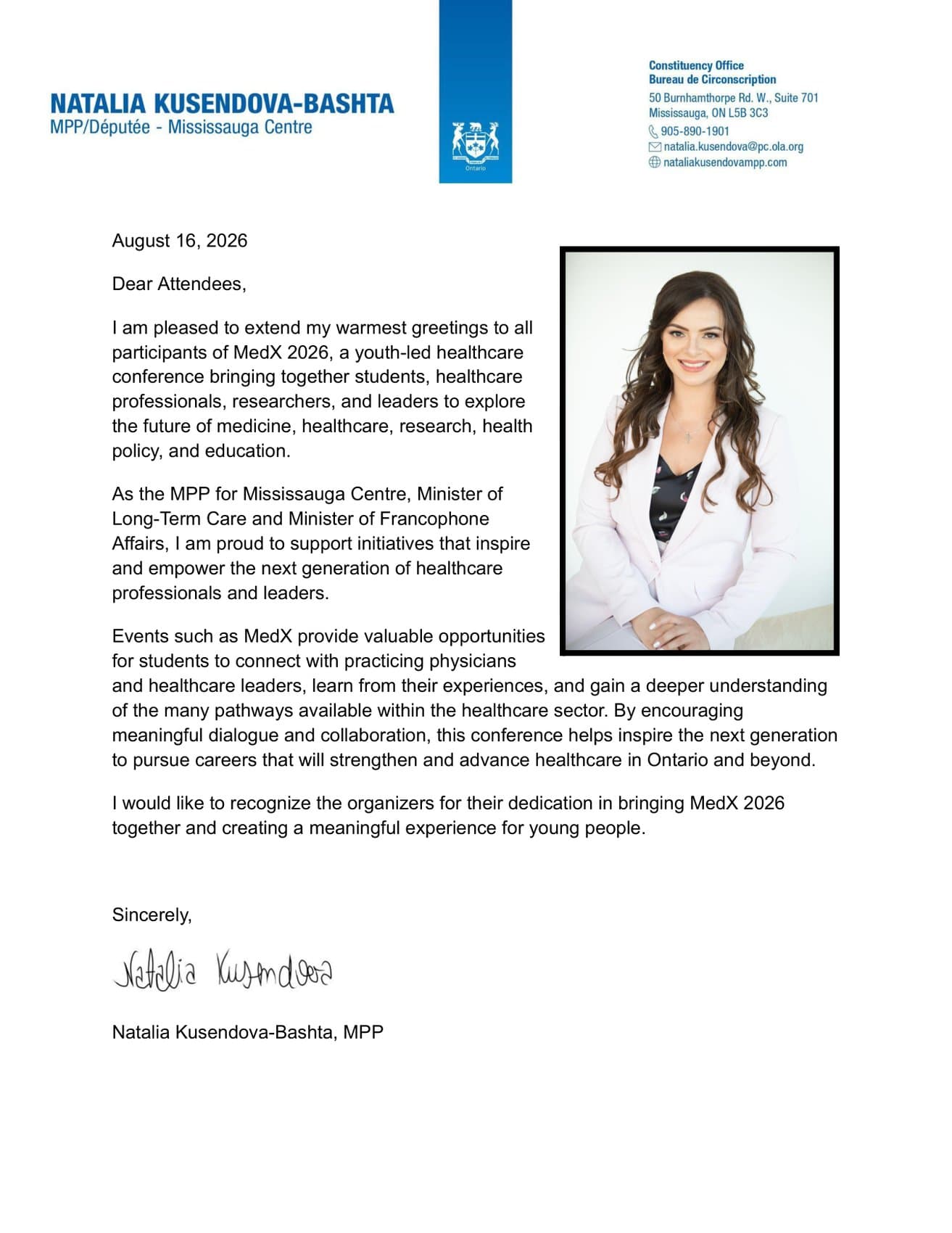Letter of support from Natalia Kusendova-Bashta, MPP, Mississauga Centre; Minister of Long-Term Care — Dr. Interested MedExplore 2026 Conference (MedX 2026), August 16, 2026