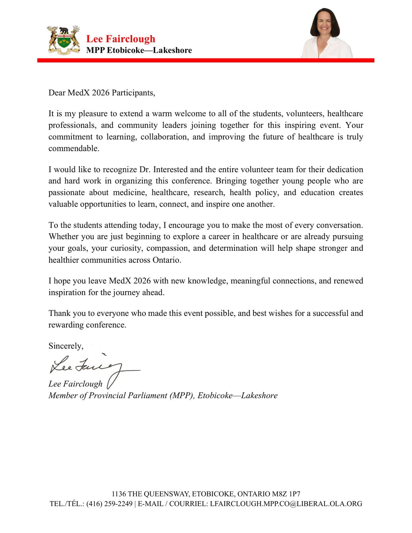 Letter of support from Lee Fairclough, MPP, Etobicoke-Lakeshore — Dr. Interested MedExplore 2026 Conference (MedX 2026), August 16, 2026