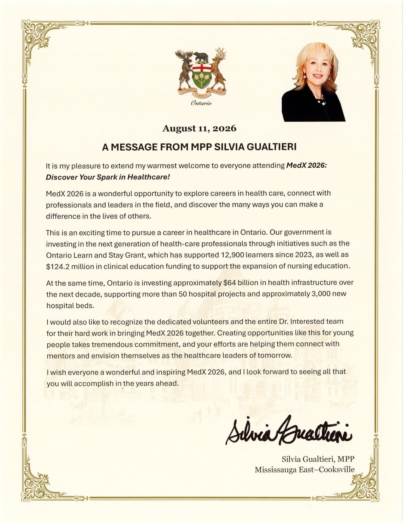Letter of support from Silvia Gualtieri, MPP, Mississauga East-Cooksville — Dr. Interested MedExplore 2026 Conference (MedX 2026), August 16, 2026