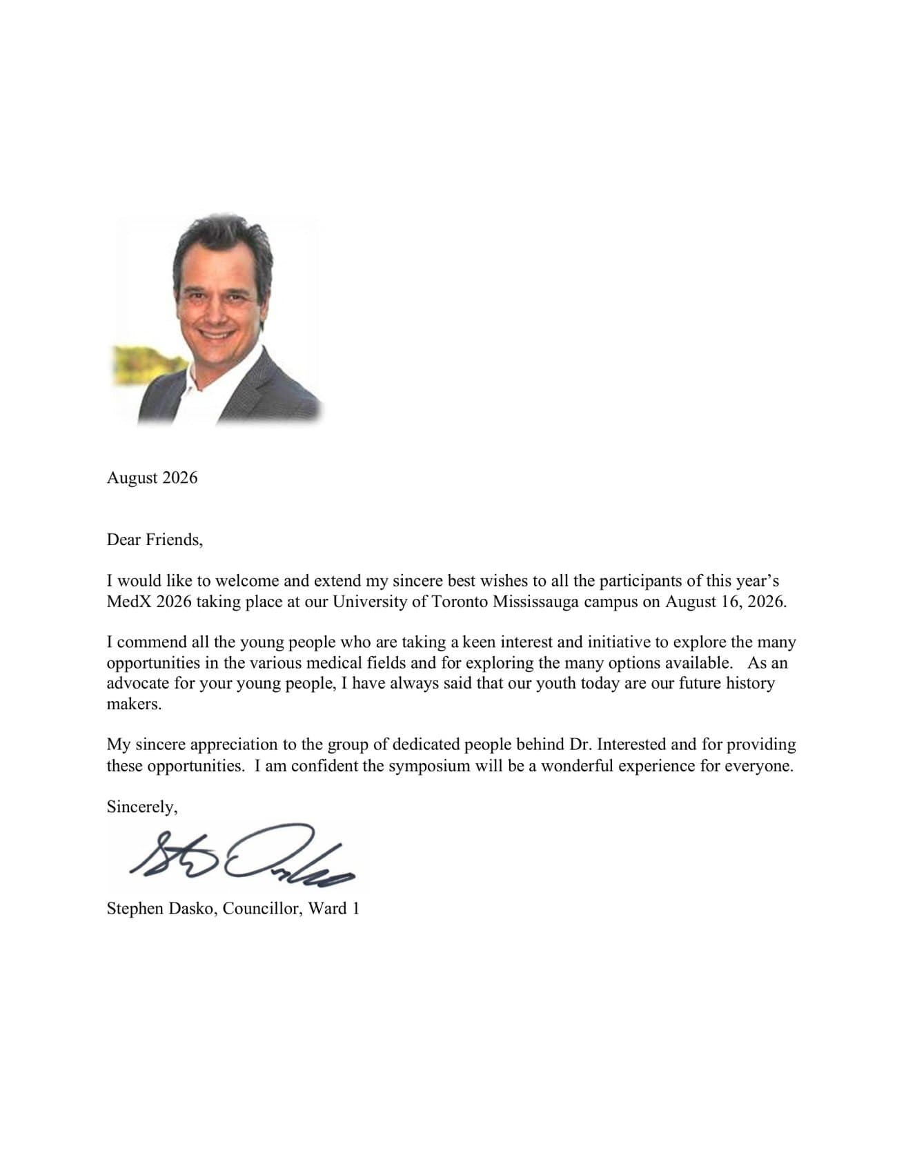 Letter of support from Stephen Dasko, Councillor, City of Mississauga — Dr. Interested MedExplore 2026 Conference (MedX 2026), August 16, 2026