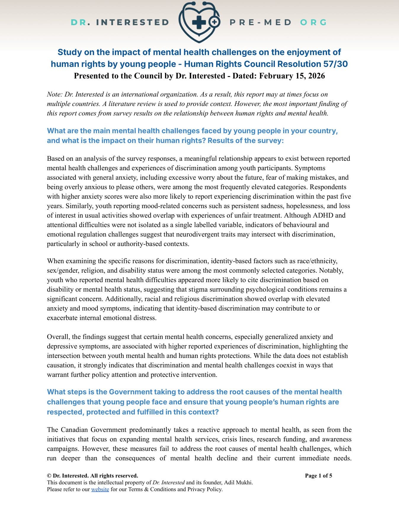 Written Work — page 1 of 5, official OHCHR submission by Dr. Interested